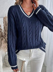 Hanne | Women's Cardigan V-Neck Cable Knit Striped Trim Pullover Sweater with Ribbed for Autumn