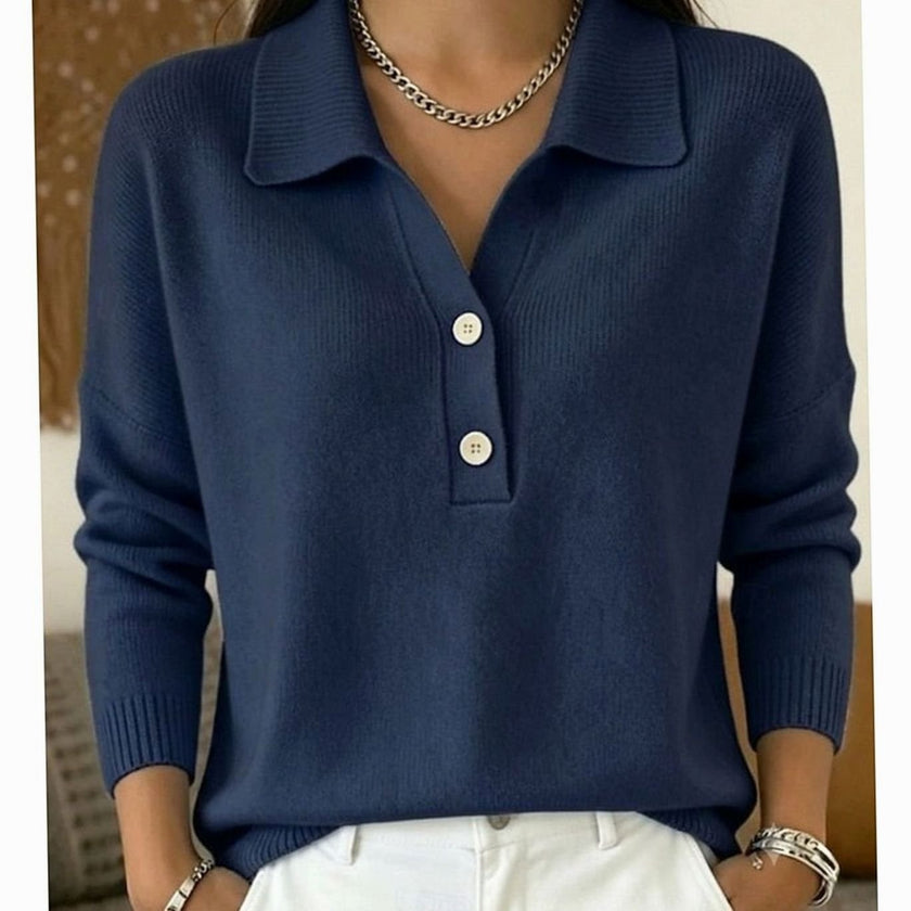 Evelyn | Women's Collared Button-Placket Long-Sleeve Knit Pullover Sweater with Polo-Collar for Everyday