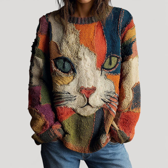 Penelope | Women's Colorblock Cat Print Relaxed-Fit Knit Sweater with Color-Block for Everyday