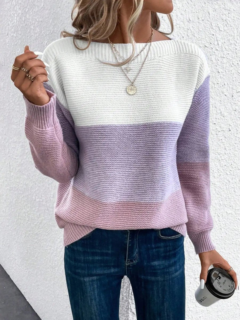 Olivia | Women's Colour Block Relaxed-Fit Long Sleeve Knit Sweater with Round-Neck for Everyday