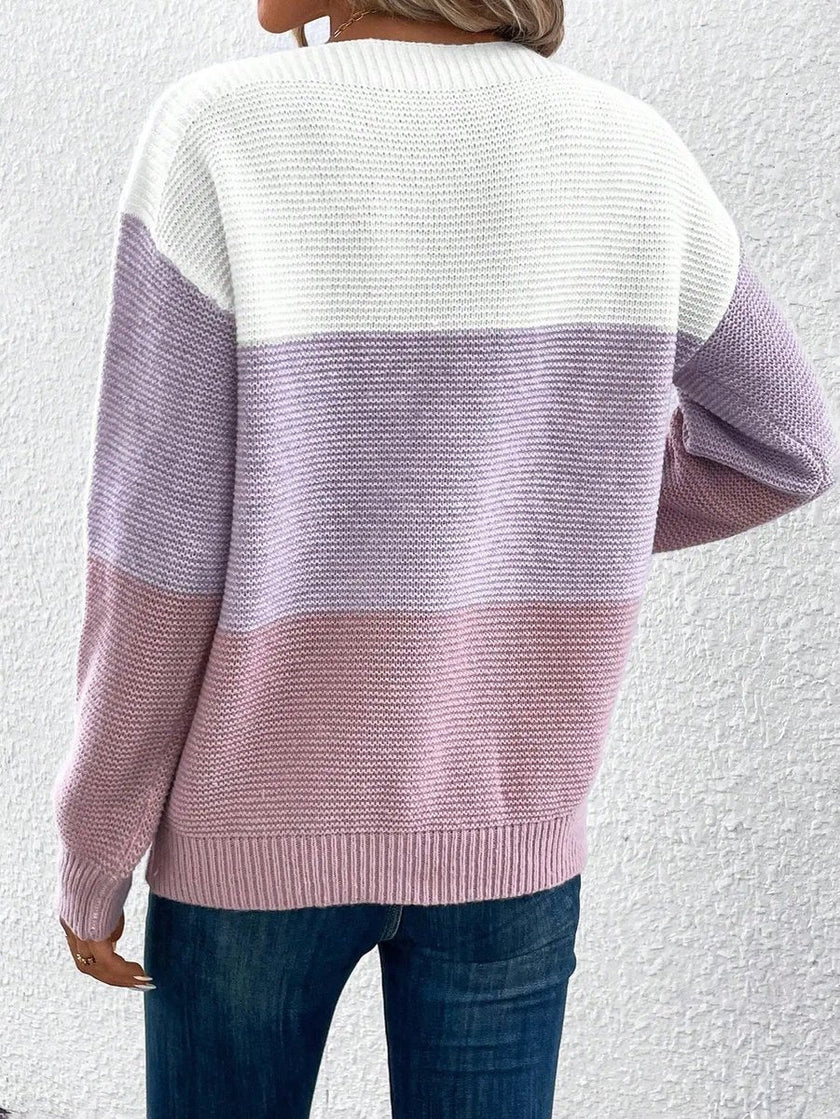 Olivia | Women's Colour Block Relaxed-Fit Long Sleeve Knit Sweater with Round-Neck for Everyday