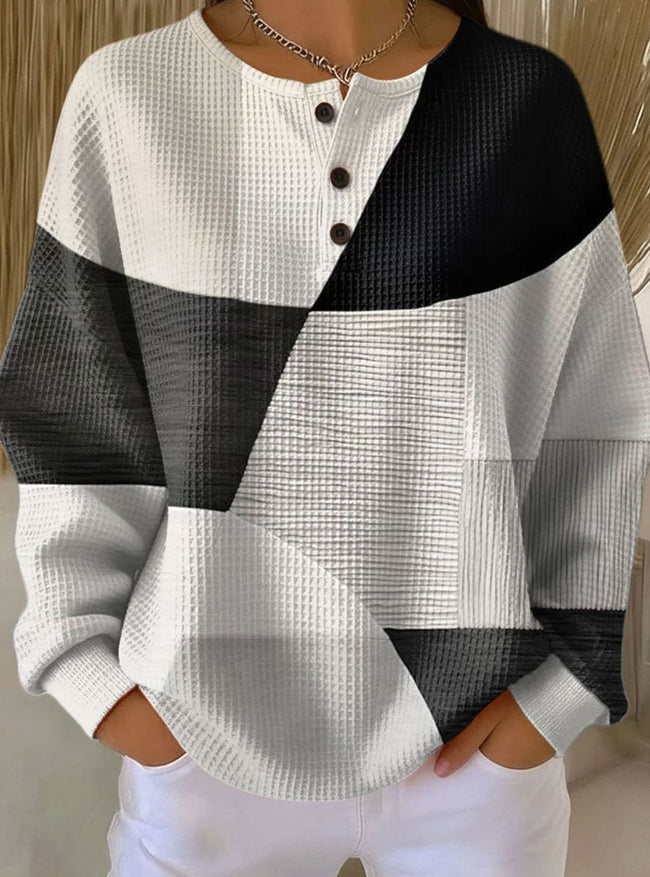 Loes | Women's Colourblock Waffle-Knit Henley Pullover Sweater with Geometric for Everyday
