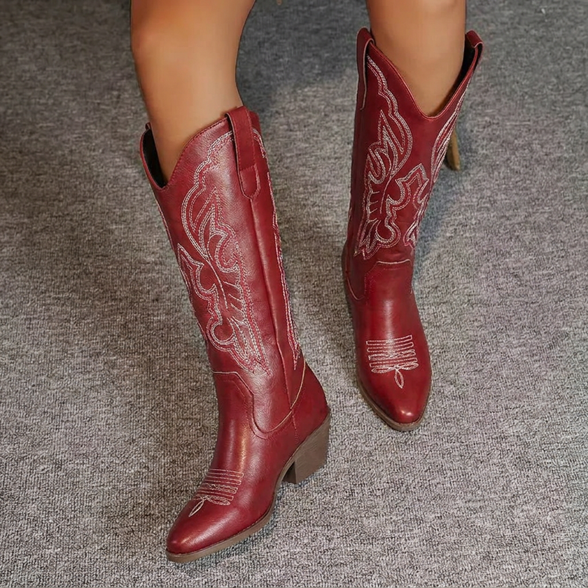 Cowboy Boots Embroidered Knee High Pointed Toe Block Heel Cowgirl Western Boots | Rikke