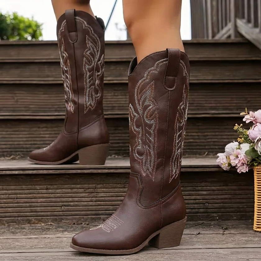 Cowboy Boots Embroidered Knee High Pointed Toe Block Heel Cowgirl Western Boots | Rikke