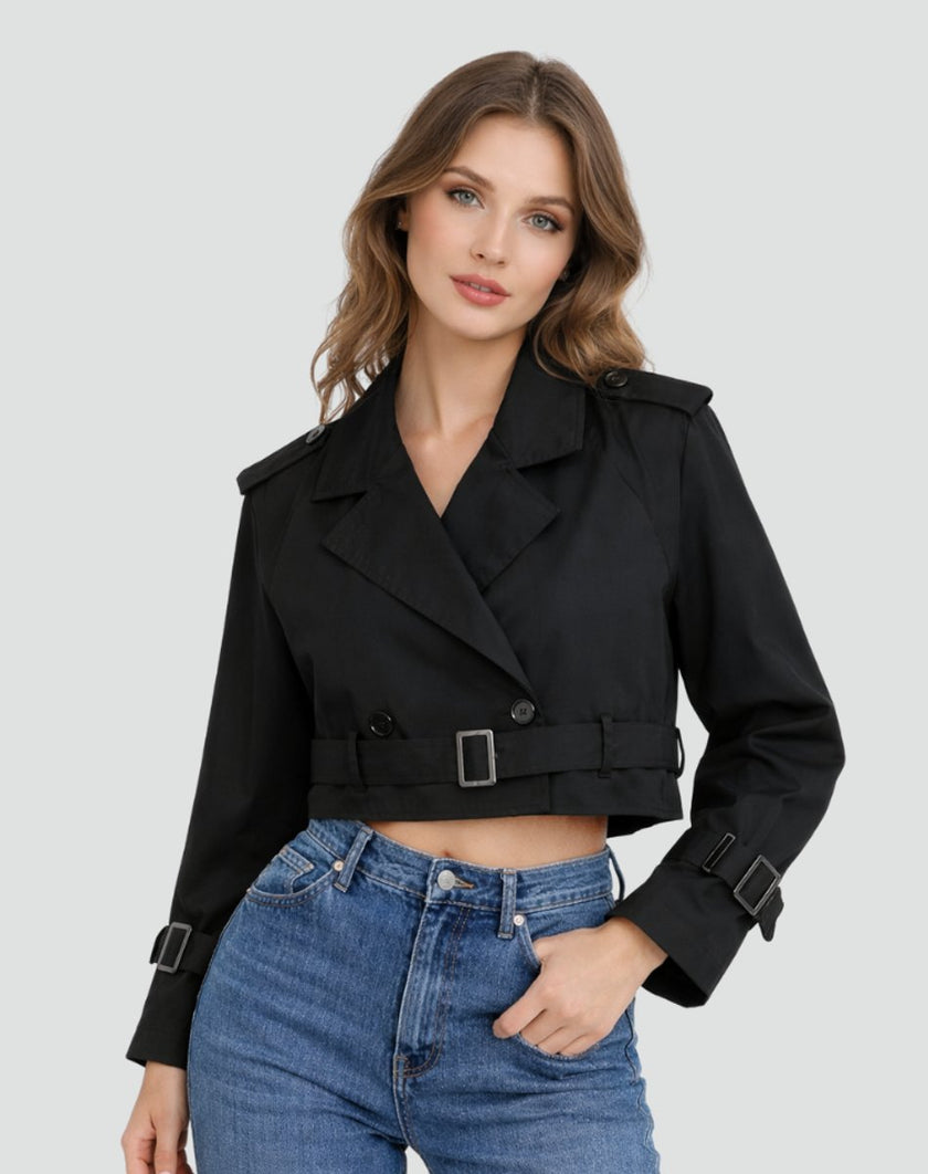 Trench Coat Women Cropped Belted Double-Breasted Jacket