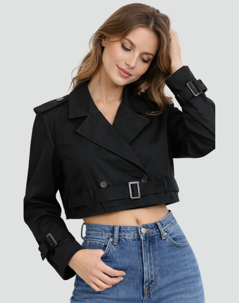 Trench Coat Women Cropped Belted Double-Breasted Jacket