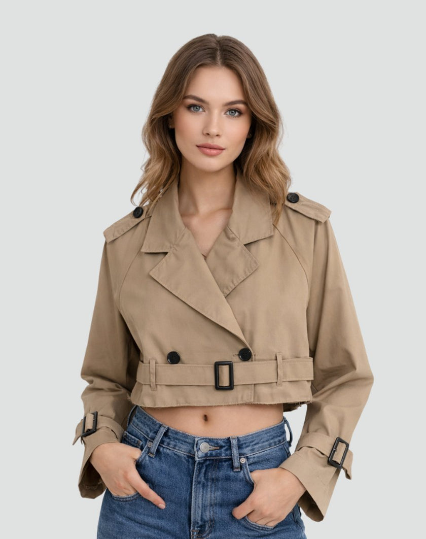 Trench Coat Women Cropped Belted Double-Breasted Jacket
