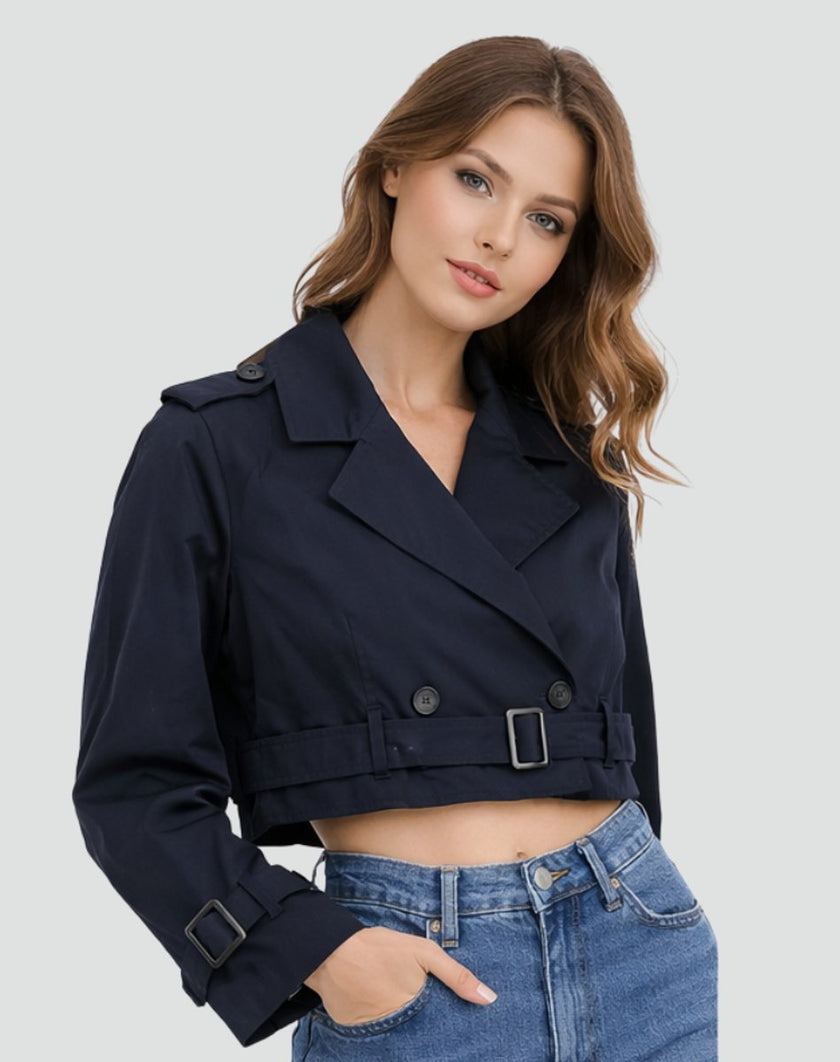 Trench Coat Women Cropped Belted Double-Breasted Jacket