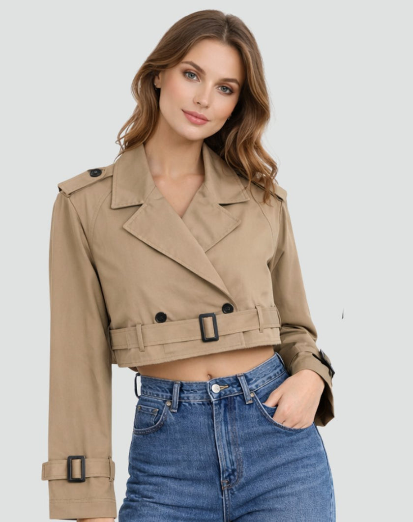 Trench Coat Women Cropped Belted Double-Breasted Jacket