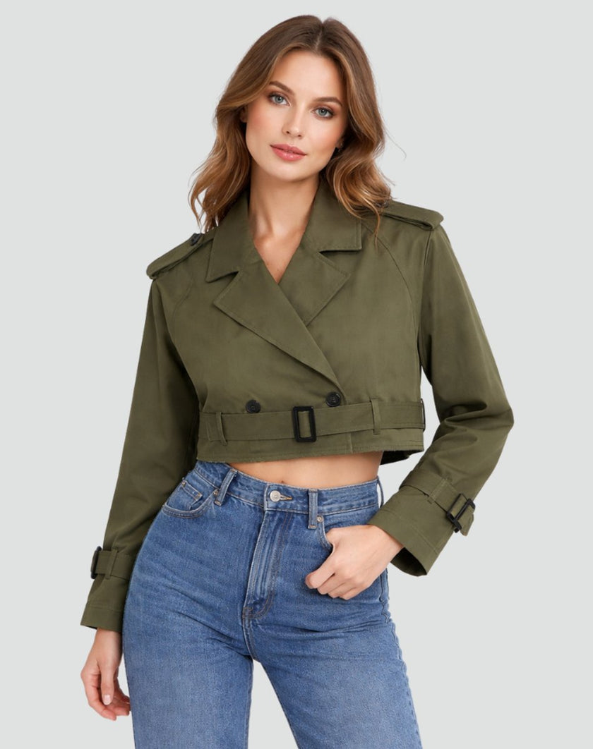 Trench Coat Women Cropped Belted Double-Breasted Jacket