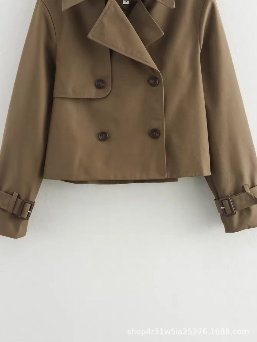 Trench Coat Women Cropped Double-Breasted Buckle Cuff Khaki