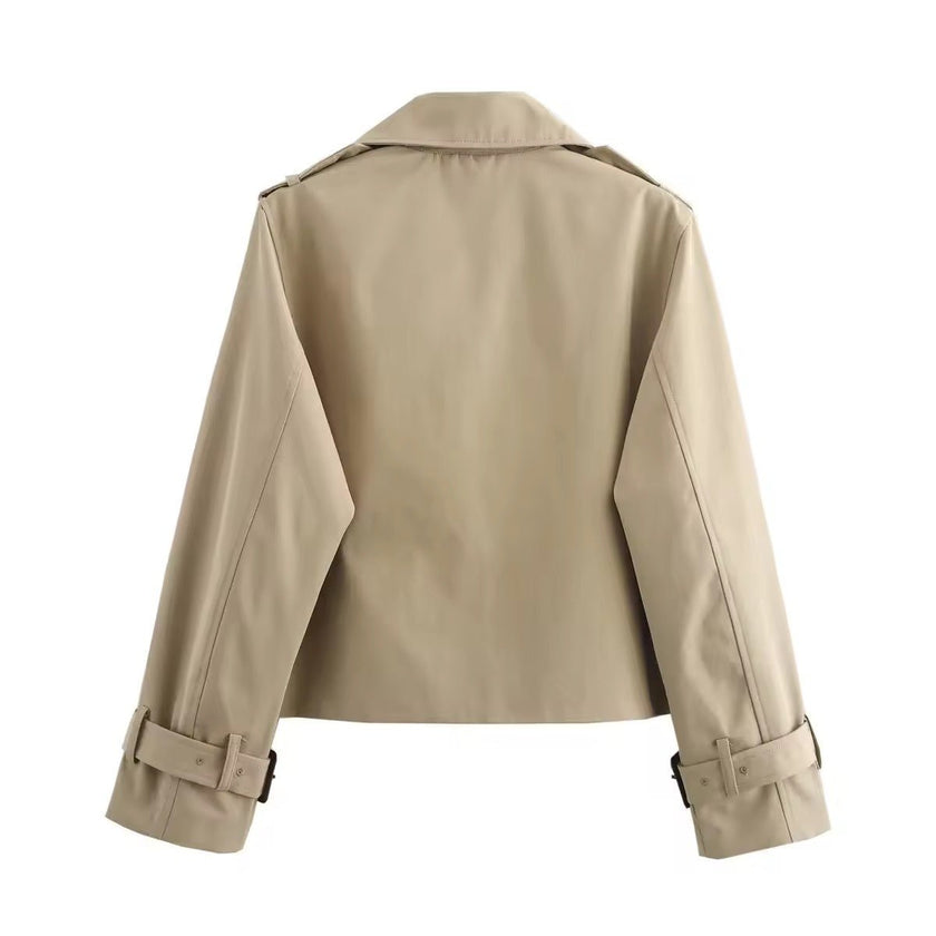 Trench Coat Women Cropped Double-Breasted Buckle Cuff Khaki