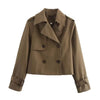 Trench Coat Women Cropped Double-Breasted Buckle Cuff Khaki