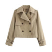Trench Coat Women Cropped Double-Breasted Buckle Cuff Khaki