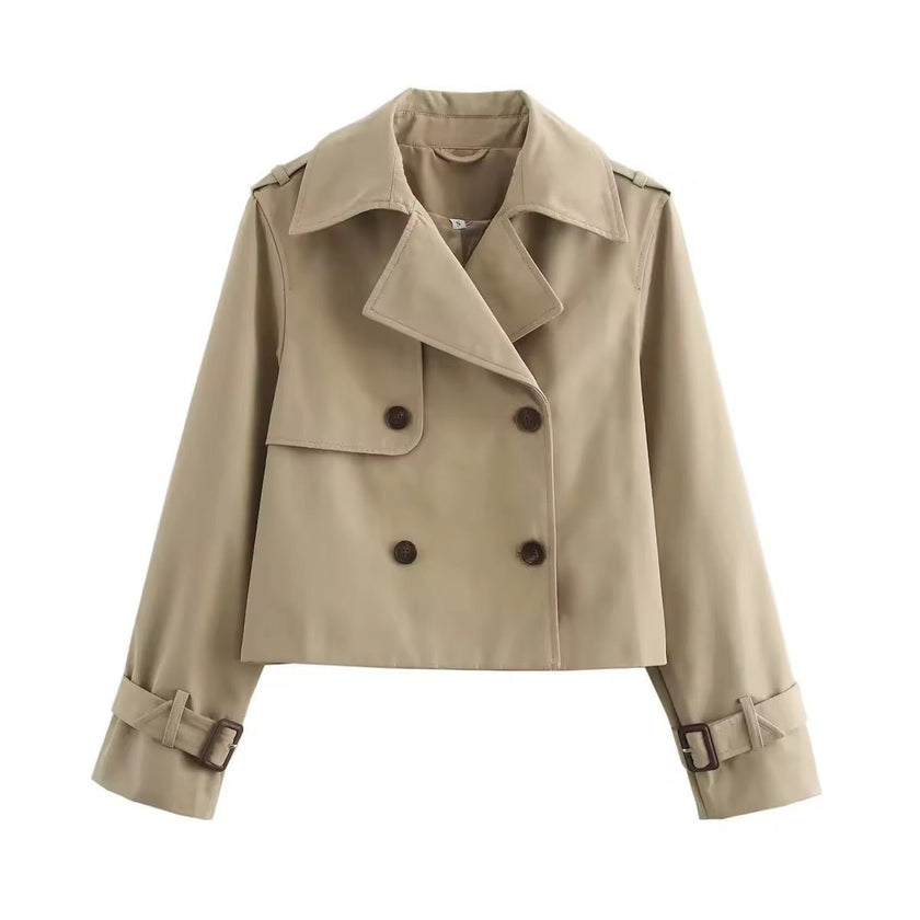 Trench Coat Women Cropped Double-Breasted Buckle Cuff Khaki