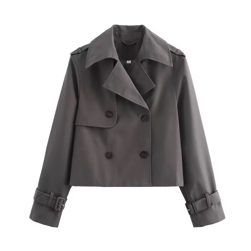 Trench Coat Women Cropped Double-Breasted Buckle Cuff Khaki