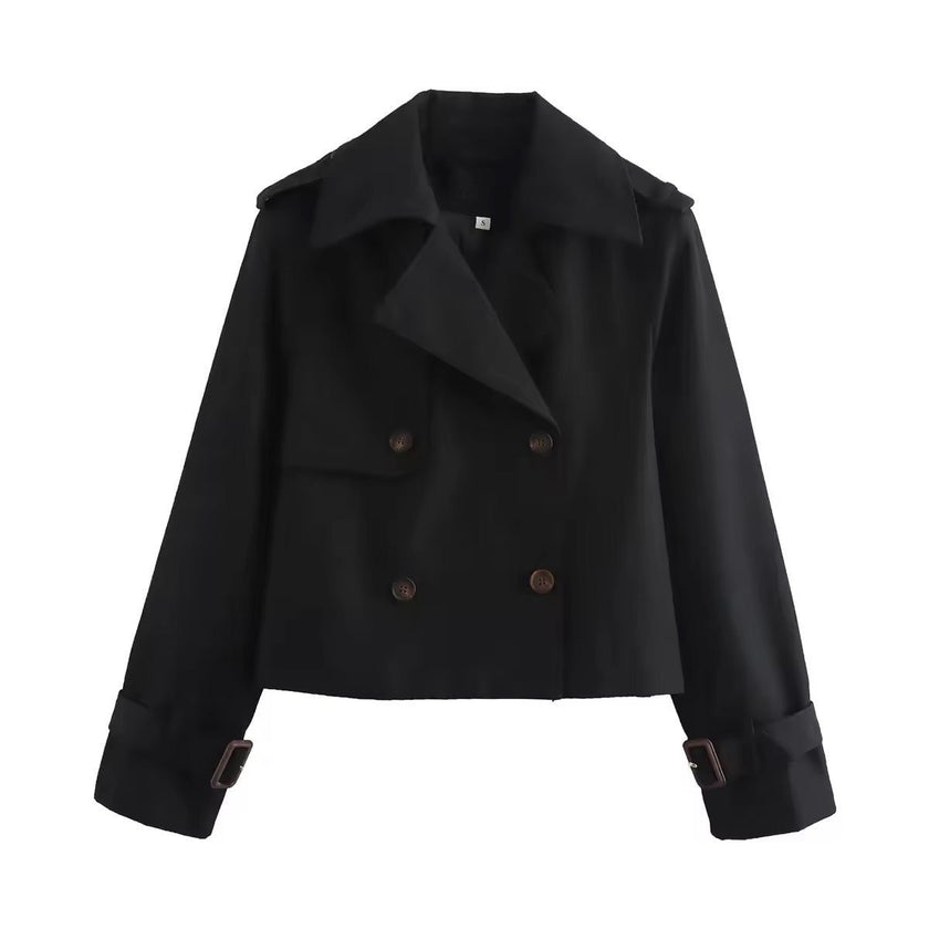Trench Coat Women Cropped Double-Breasted Buckle Cuff Khaki