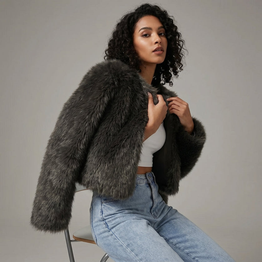 Faux Fur Jacket Women Cropped Cardigan Soft Minimalist Neckline