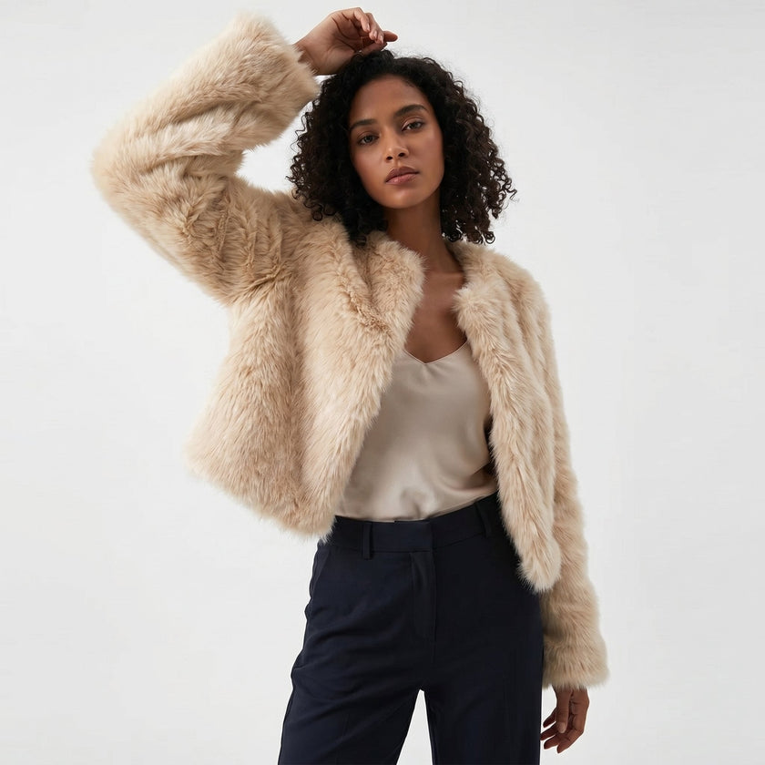 Faux Fur Jacket Women Cropped Cardigan Soft Minimalist Neckline