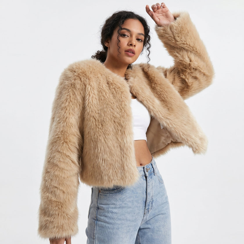 Faux Fur Jacket Women Cropped Cardigan Soft Minimalist Neckline