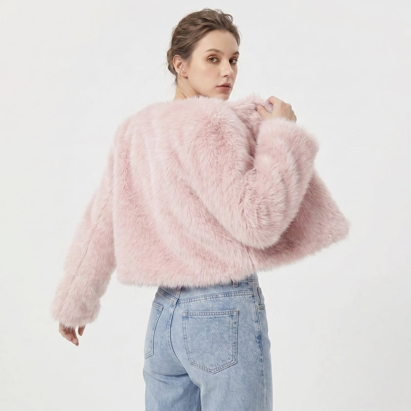 Faux Fur Jacket Women Cropped Cardigan Soft Minimalist Neckline
