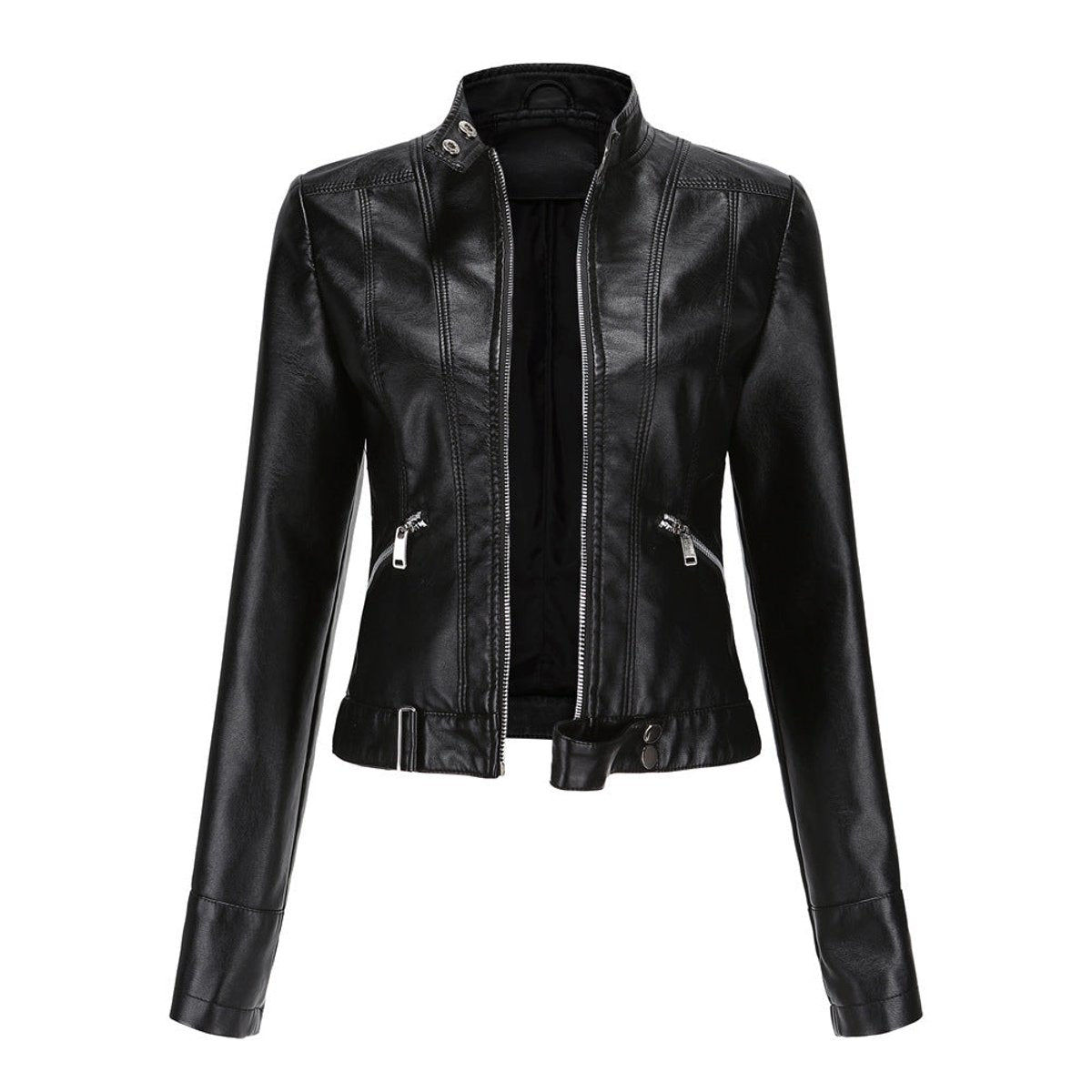 Faux Leather Jacket Cropped Stand Collar Zip Up Tailored Moto Biker Jacket | Iris