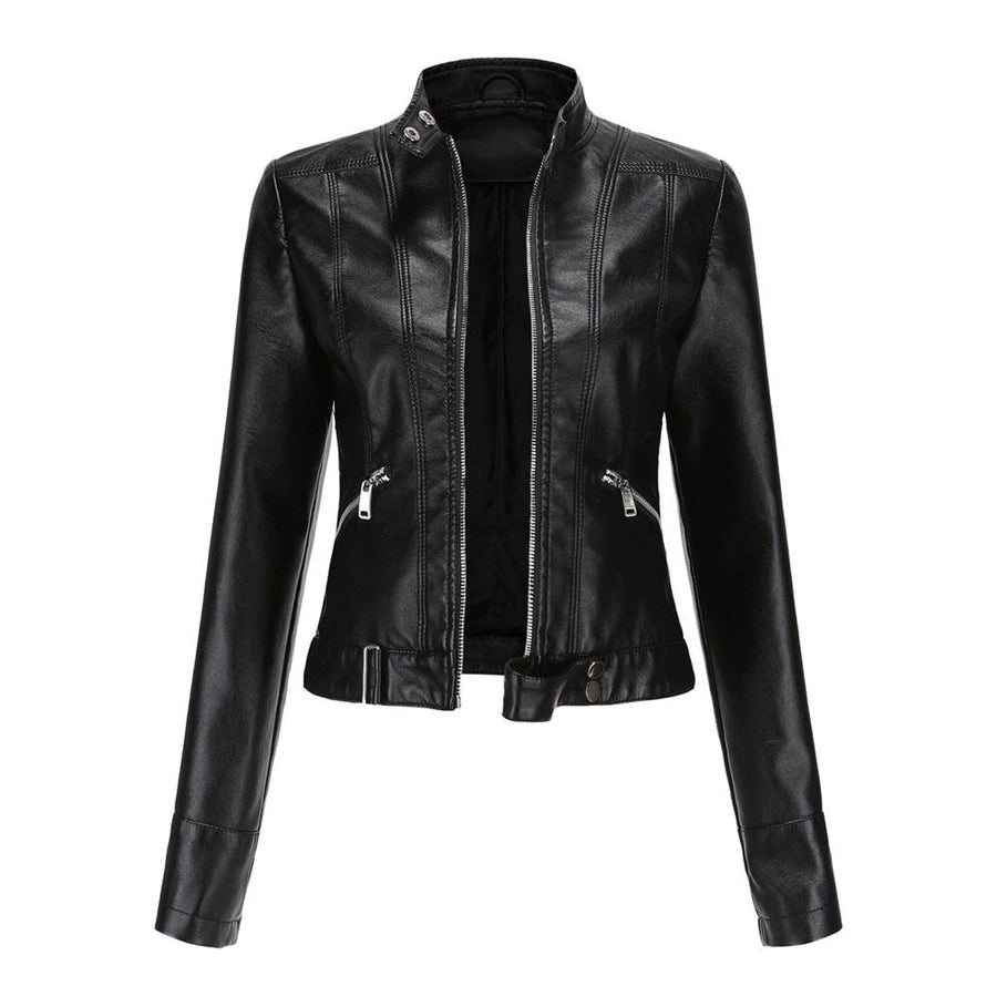 Faux Leather Jacket Cropped Stand Collar Zip Up Tailored Moto Biker Jacket | Iris