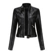 Faux Leather Jacket Women Cropped Stand Collar Moto Biker