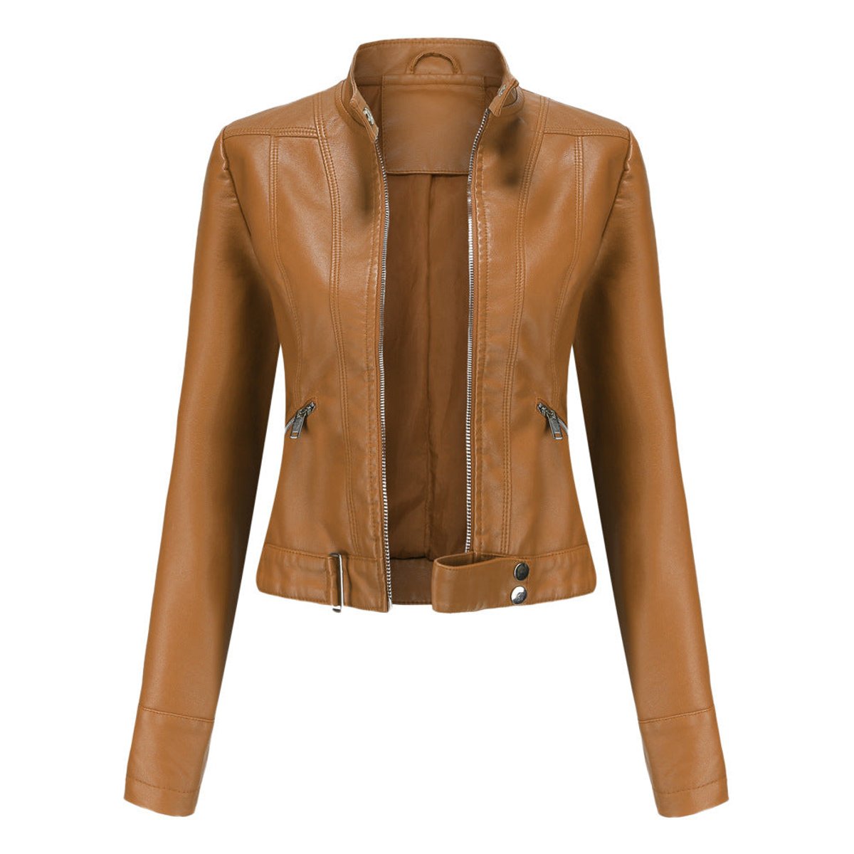 Faux Leather Jacket Cropped Stand Collar Zip Up Tailored Moto Biker Jacket | Iris