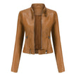 Faux Leather Jacket Women Cropped Stand Collar Moto Biker