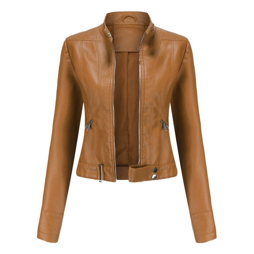 Faux Leather Jacket Women Cropped Stand Collar Moto Biker