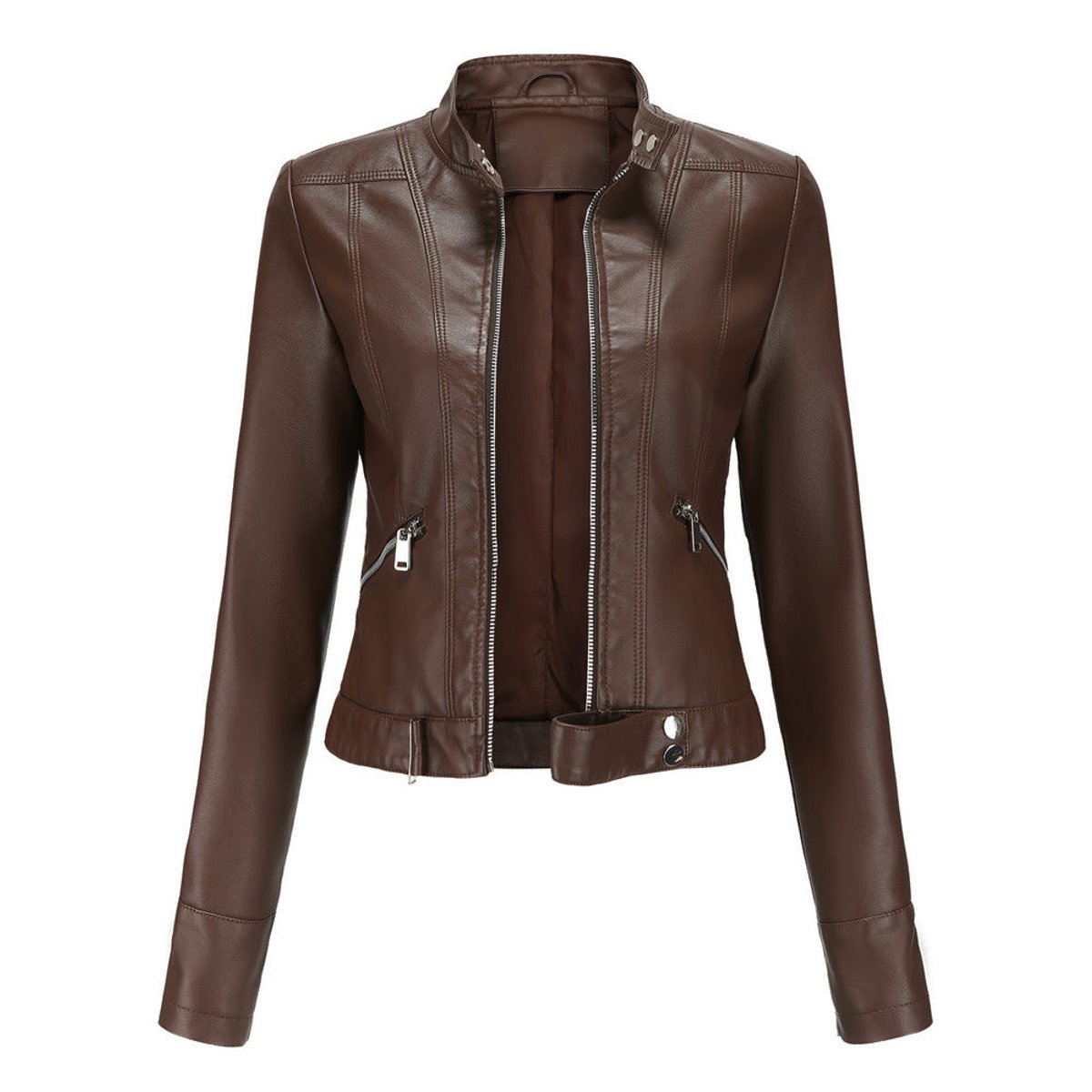 Faux Leather Jacket Cropped Stand Collar Zip Up Tailored Moto Biker Jacket | Iris