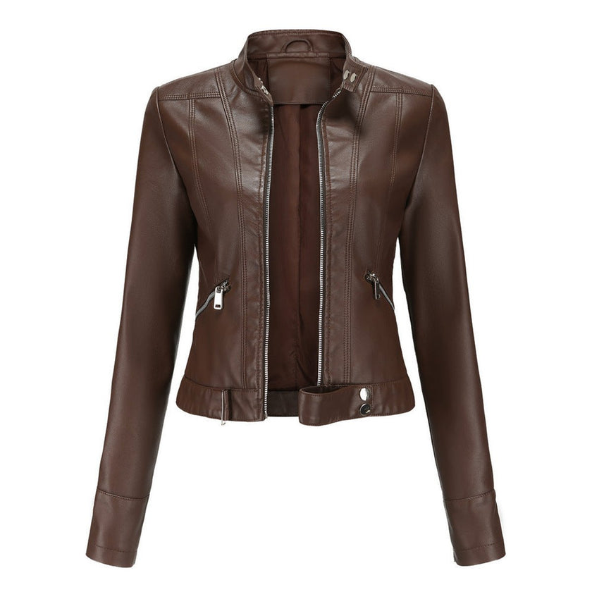 Faux Leather Jacket Women Cropped Stand Collar Moto Biker