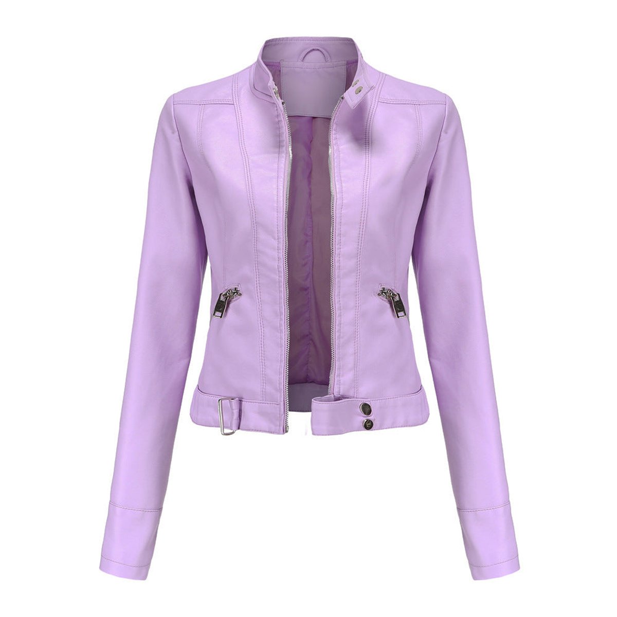 Faux Leather Jacket Cropped Stand Collar Zip Up Tailored Moto Biker Jacket | Iris