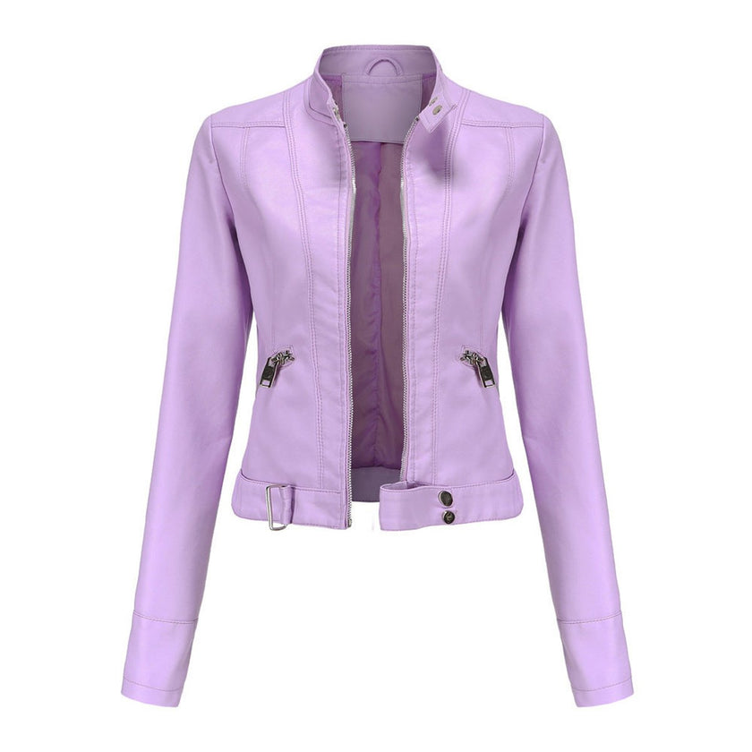 Faux Leather Jacket Women Cropped Stand Collar Moto Biker