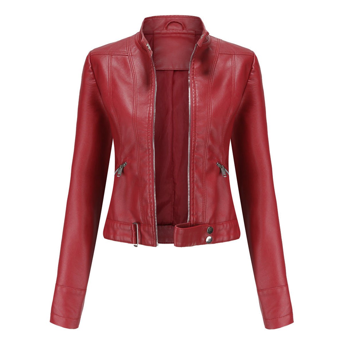 Faux Leather Jacket Cropped Stand Collar Zip Up Tailored Moto Biker Jacket | Iris