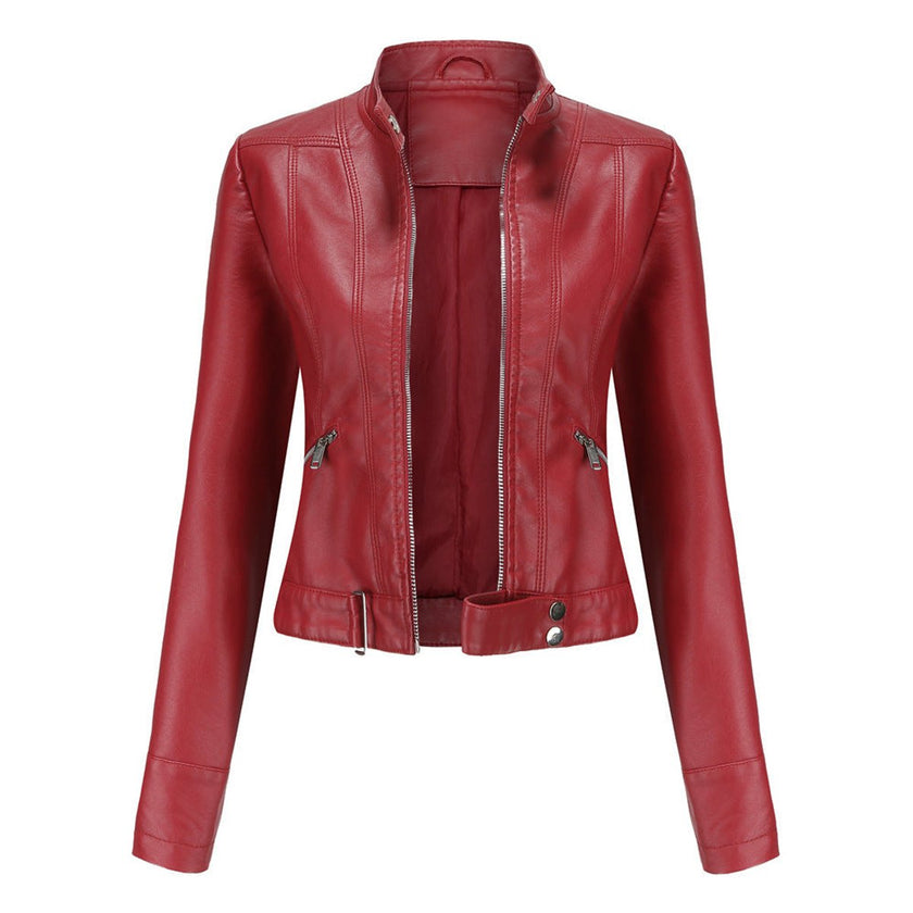 Faux Leather Jacket Women Cropped Stand Collar Moto Biker