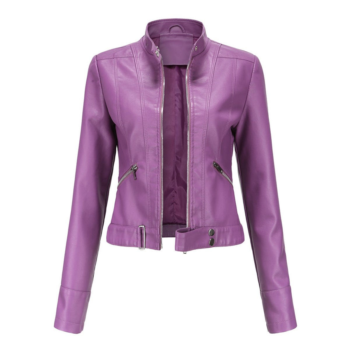 Faux Leather Jacket Cropped Stand Collar Zip Up Tailored Moto Biker Jacket | Iris