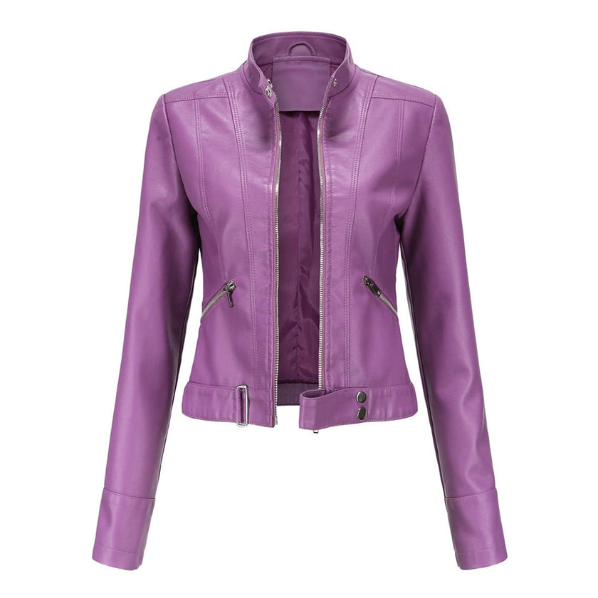 Faux Leather Jacket Women Cropped Stand Collar Moto Biker