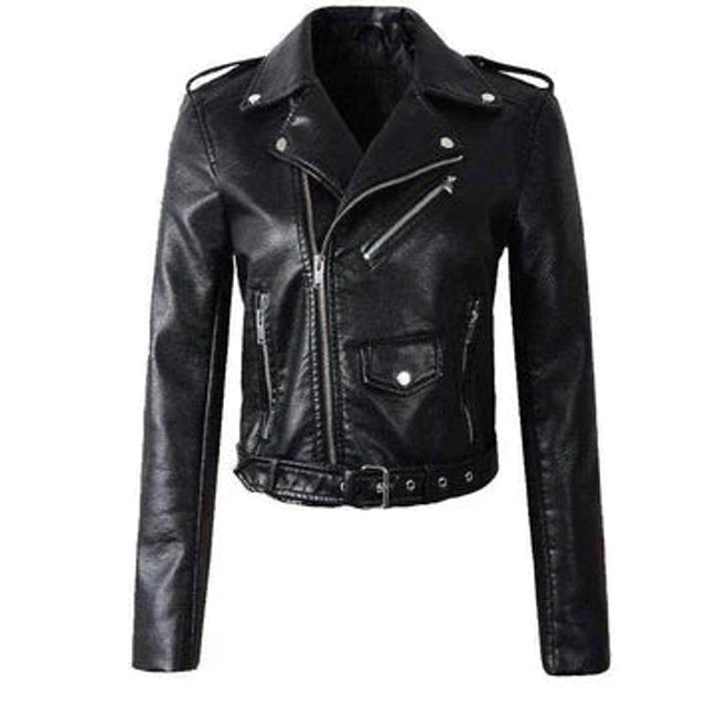 Ulrike | Women's Cropped Faux-Leather Belted Biker Jacket