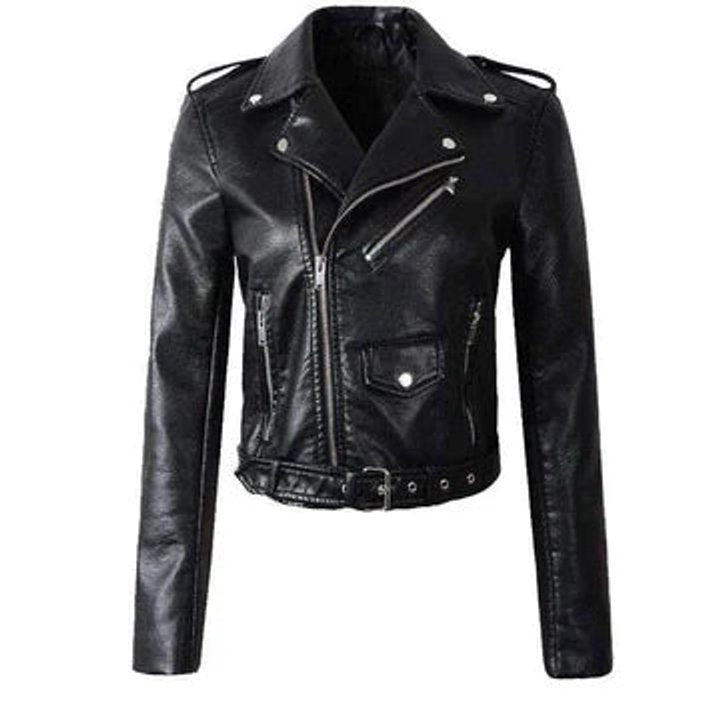Faux Leather Jacket Women Cropped Moto Belted Biker