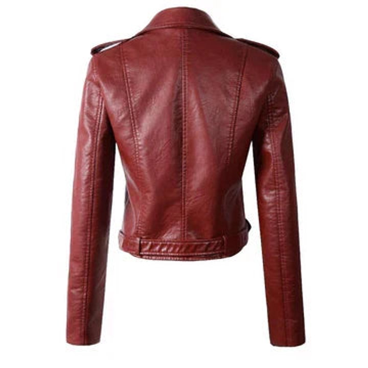 Faux Leather Jacket Women Cropped Moto Belted Biker