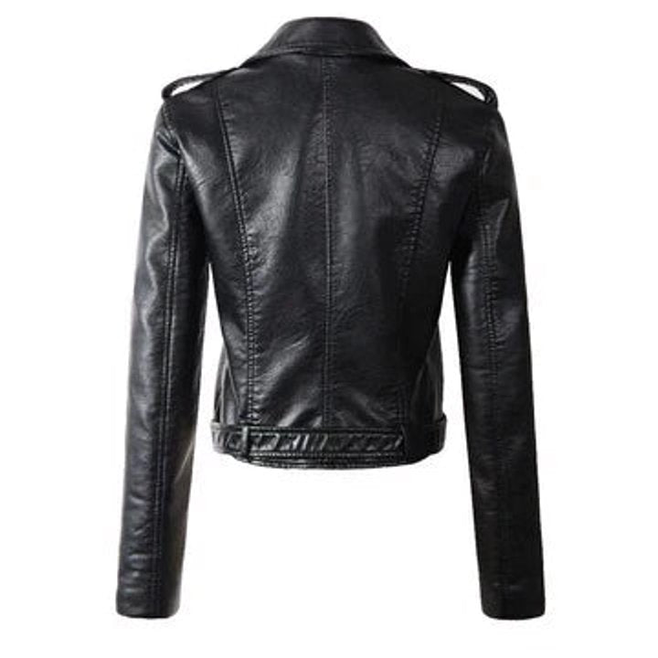Faux Leather Jacket Women Cropped Moto Belted Biker