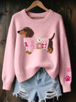 Layla | Women's Dachshund Patchwork Floral Knit Sweater with Striped for Layering