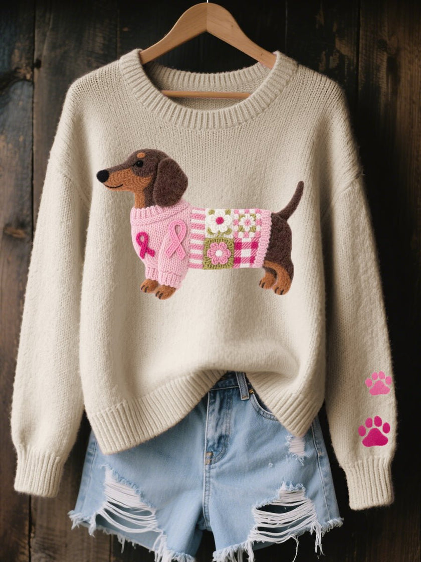 Layla | Women's Dachshund Patchwork Floral Knit Sweater with Striped for Layering