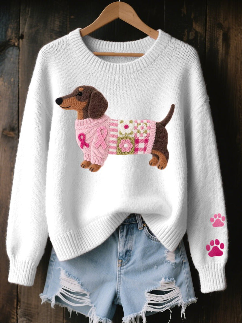 Charlotte | Women's Dachshund Patchwork Knit Sweater Relaxed Pullover with Star Print for Everyday
