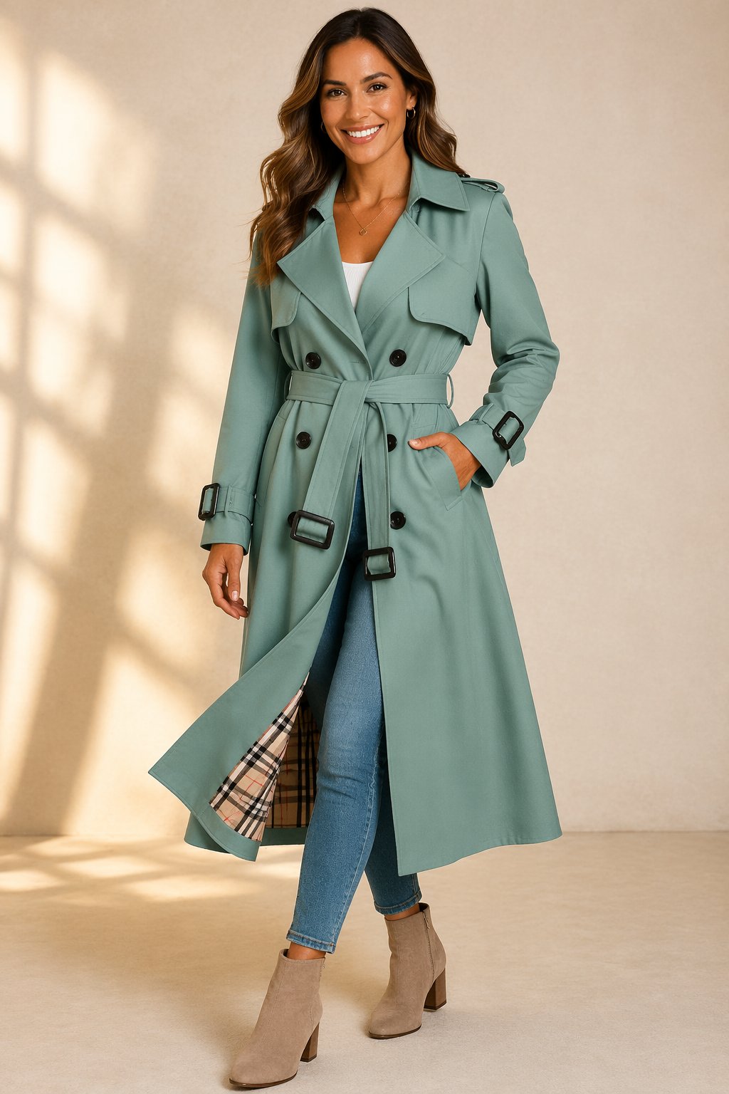 Double-Breasted Belted Long Trench Coat with Lapel Collar for Women | Uma