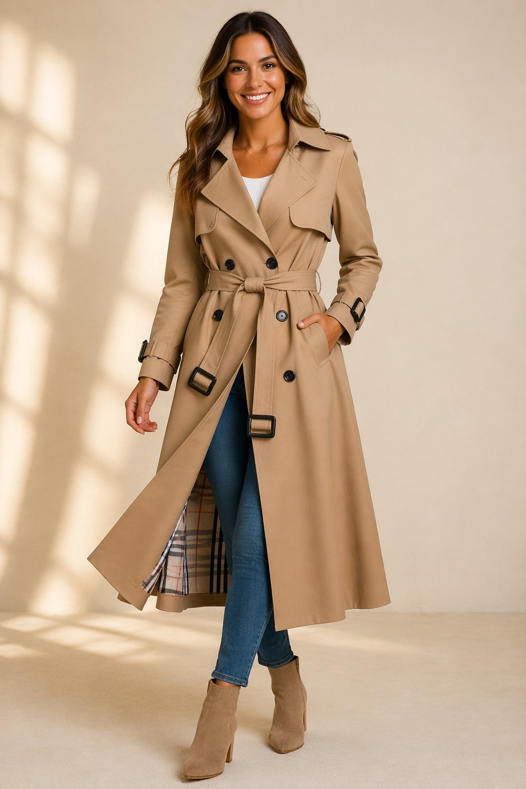 Double-Breasted Belted Long Trench Coat with Lapel Collar for Women | Uma