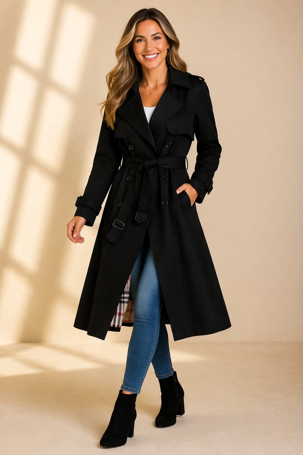Double-Breasted Belted Long Trench Coat with Lapel Collar for Women | Uma