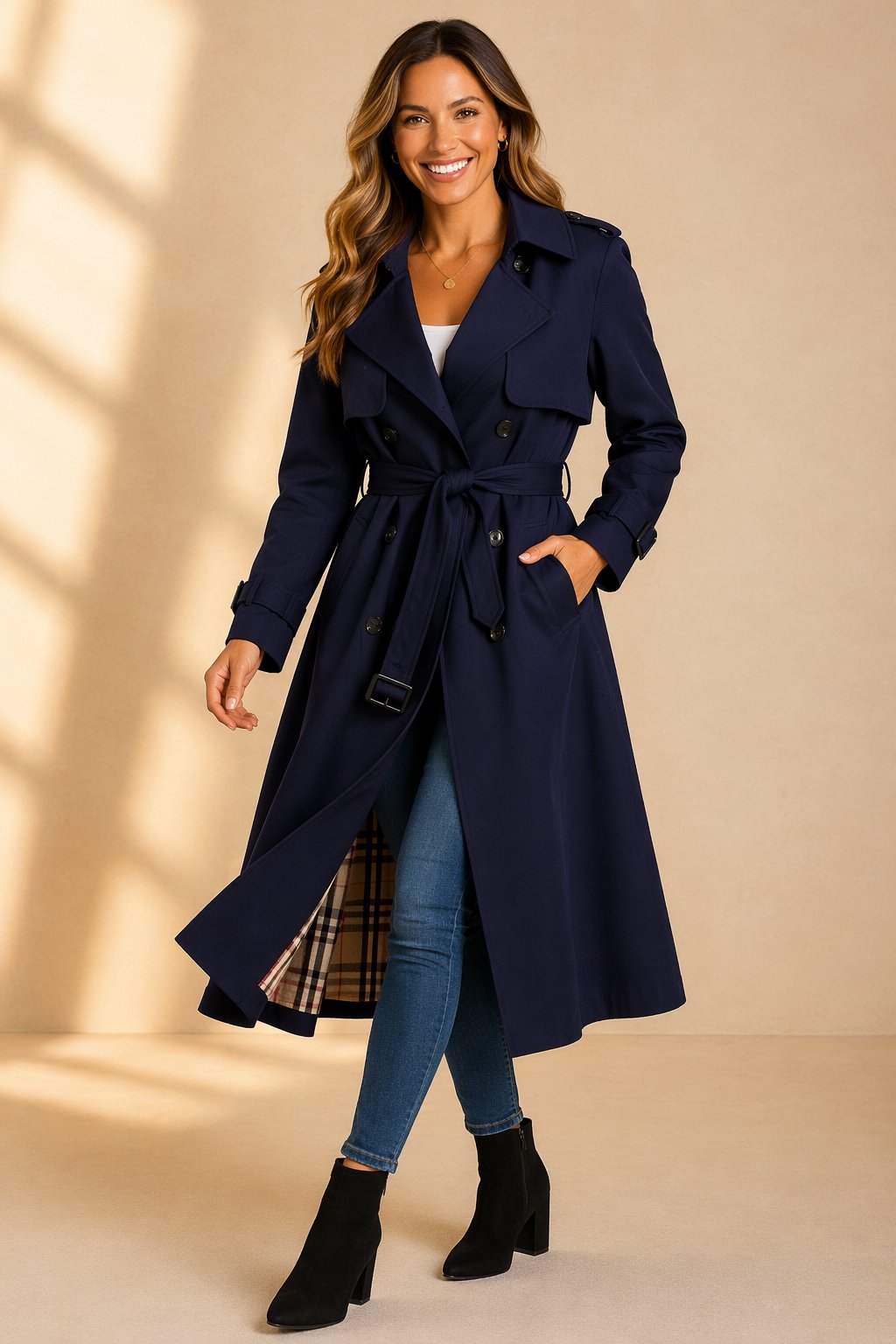 Double-Breasted Belted Long Trench Coat with Lapel Collar for Women | Uma